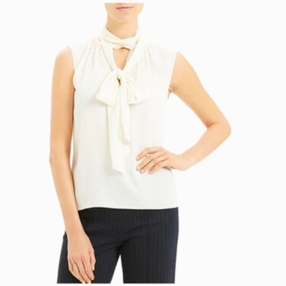 THEORY ECRU SILK BOW TIE NECK SLEEVELESS BLOUSE TOP